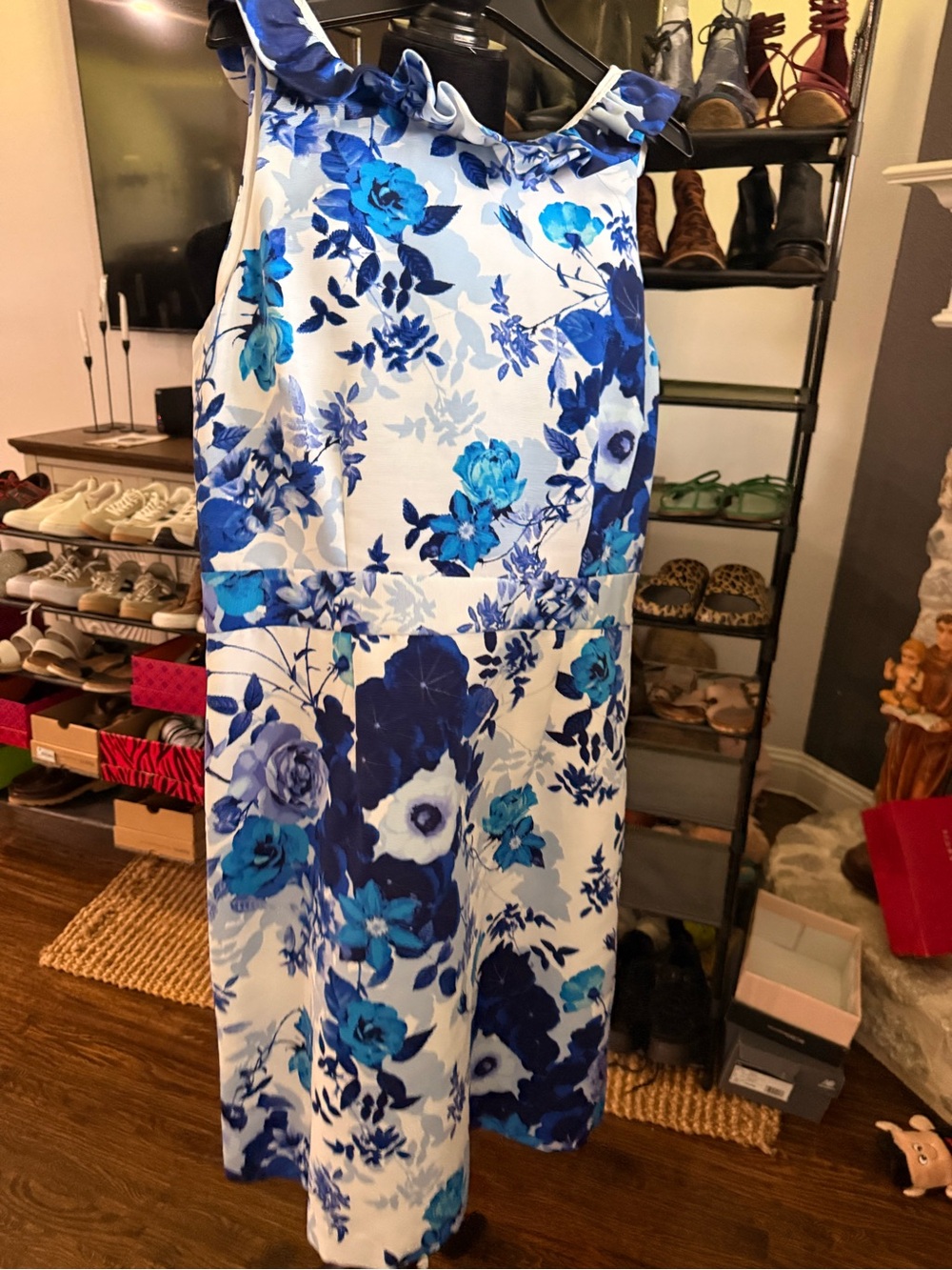 Eliza J White Midi Dress with Bold Blue Floral Print